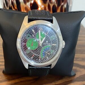 Croton Silver Watch with Black Leather Strap and Vibrant Dials